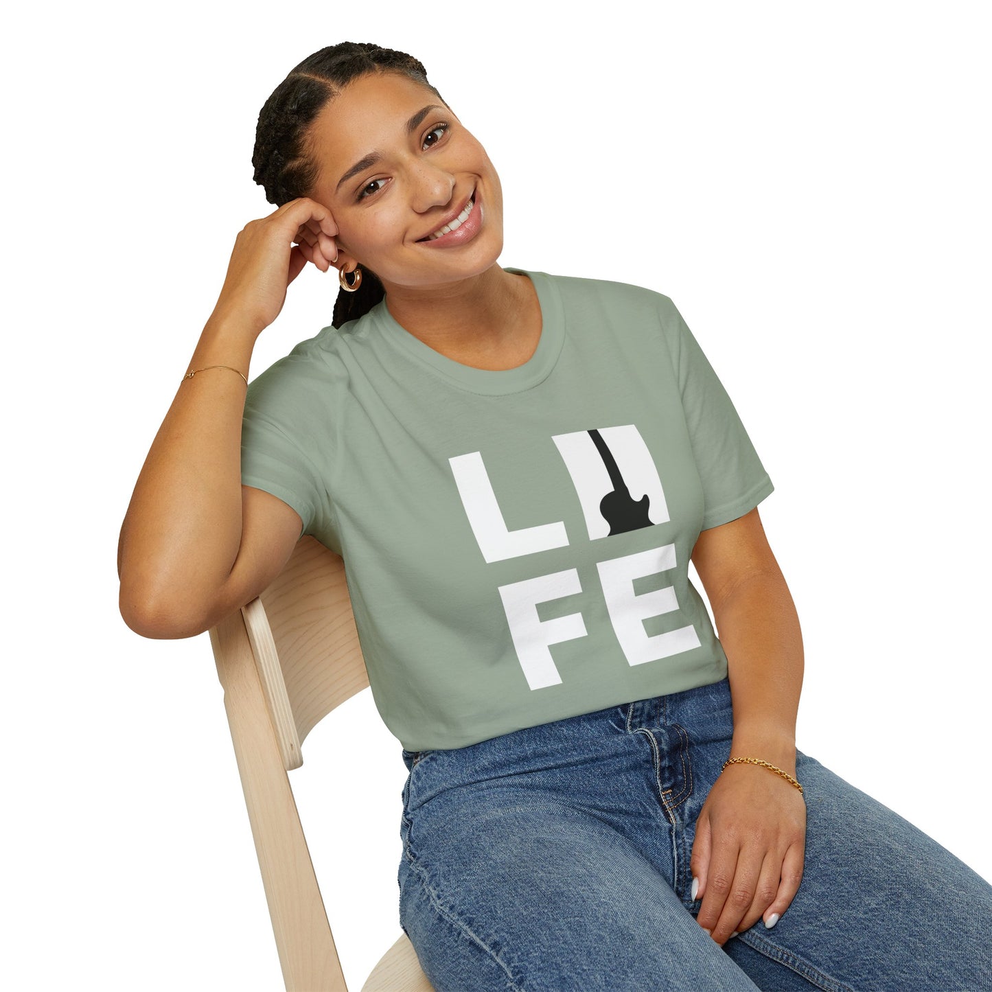 "LIFE" in a black and white box graphic with guitar.