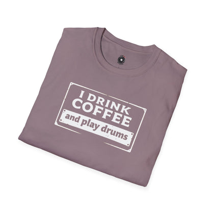 "I drink coffee and play drums" in a stamplike design