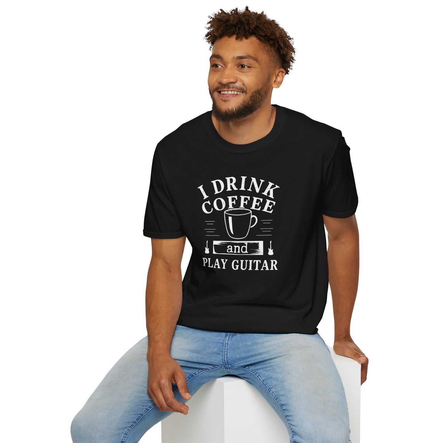 "I drink coffee and play guitar" graphic with coffee cup.