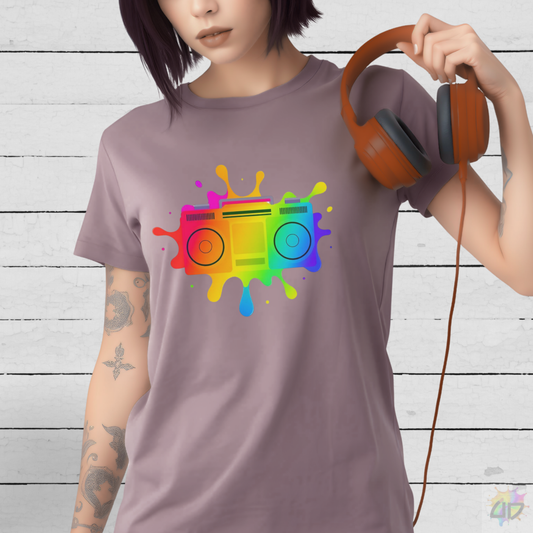 Colorful Boombox in a Splash Graphic Tee.
