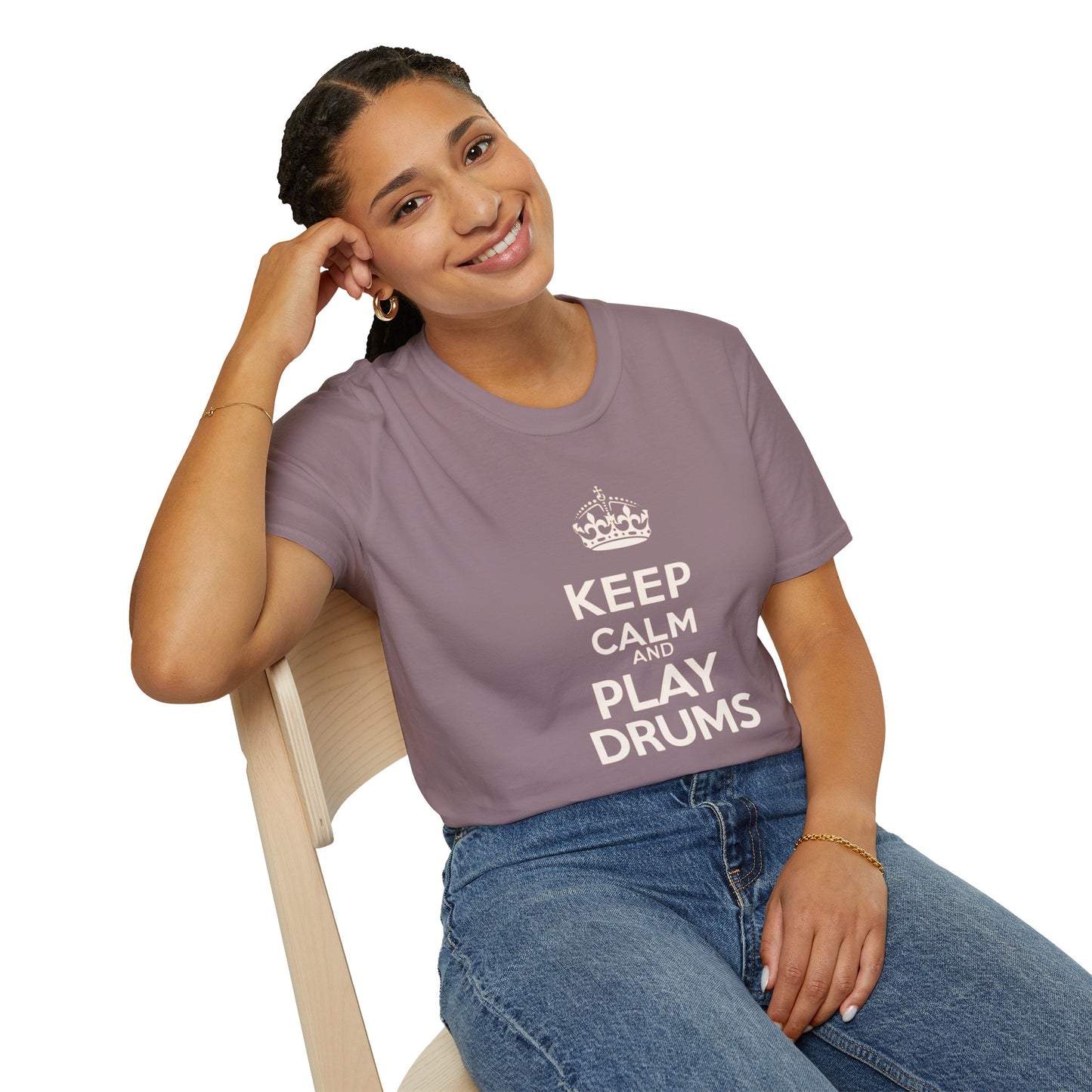"Keep calm and play drums" text graphic tee.