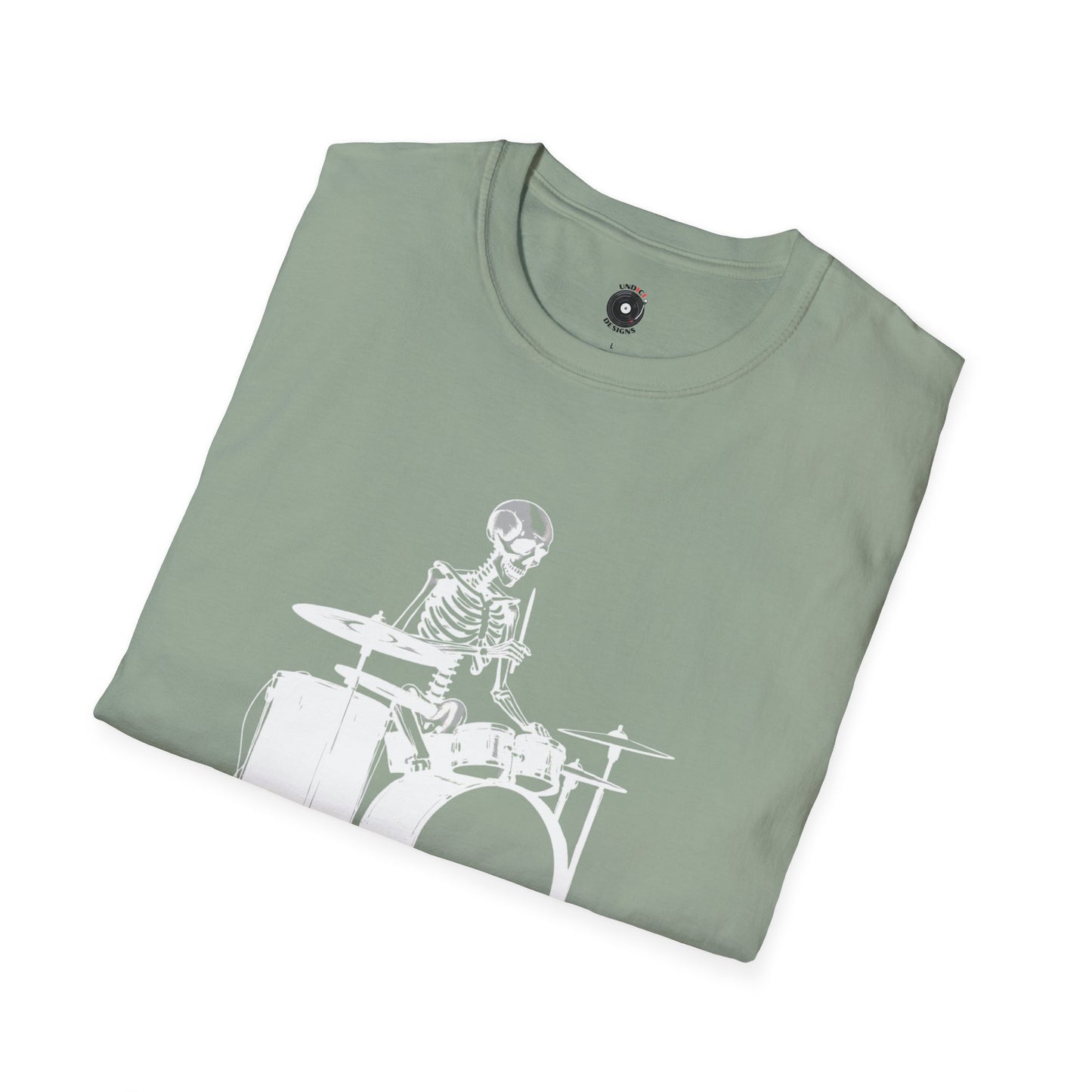 Skeleton silhouette playing drums in a circular background graphic.