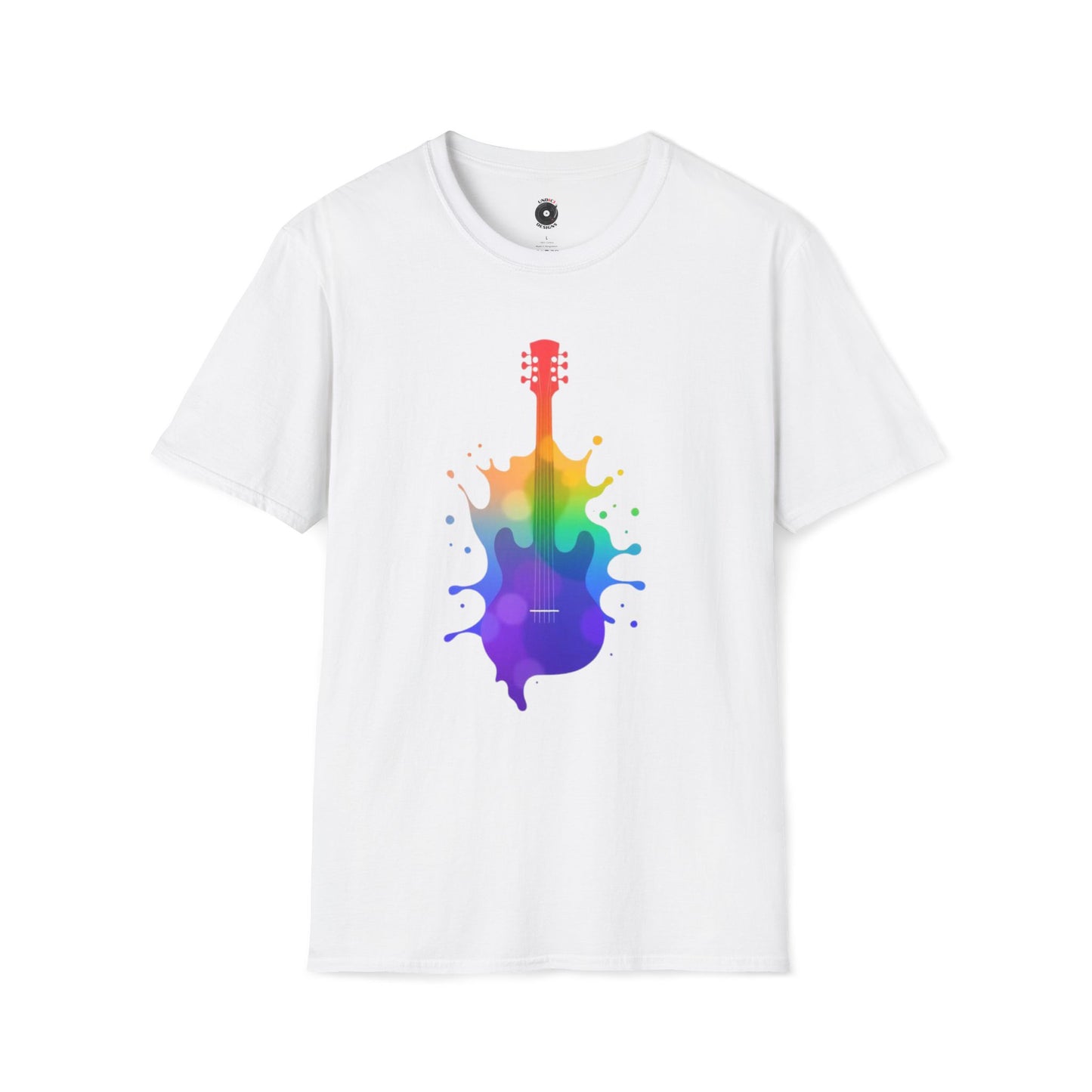 Colorful hollow body guitar in a vibrant splash graphic.
