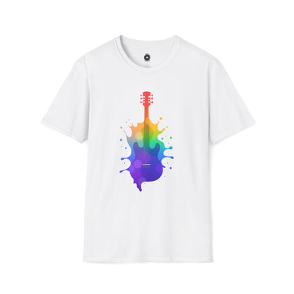 Colorful hollow body guitar in a vibrant splash graphic.