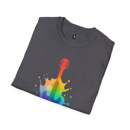 Colorful hollow body guitar in a vibrant splash graphic.