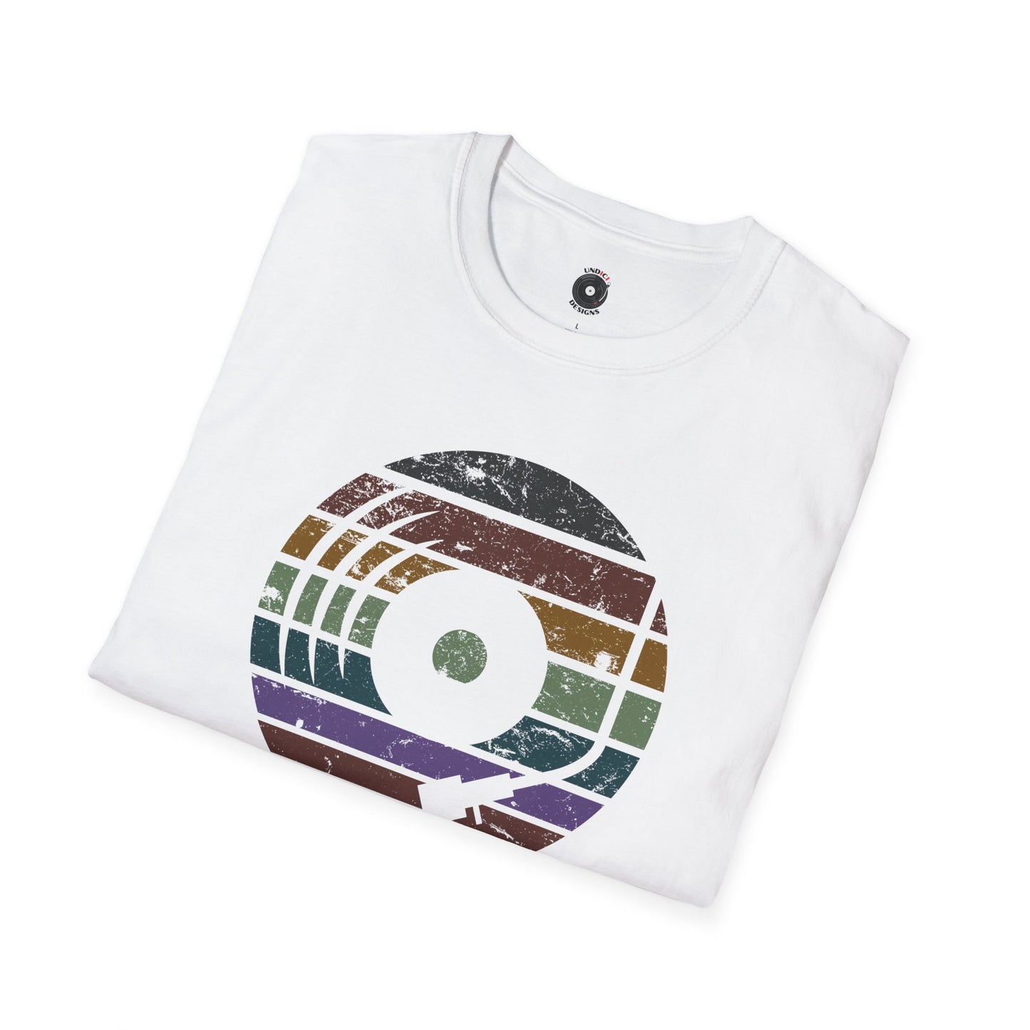 Vinyl record graphic in retro sunset.