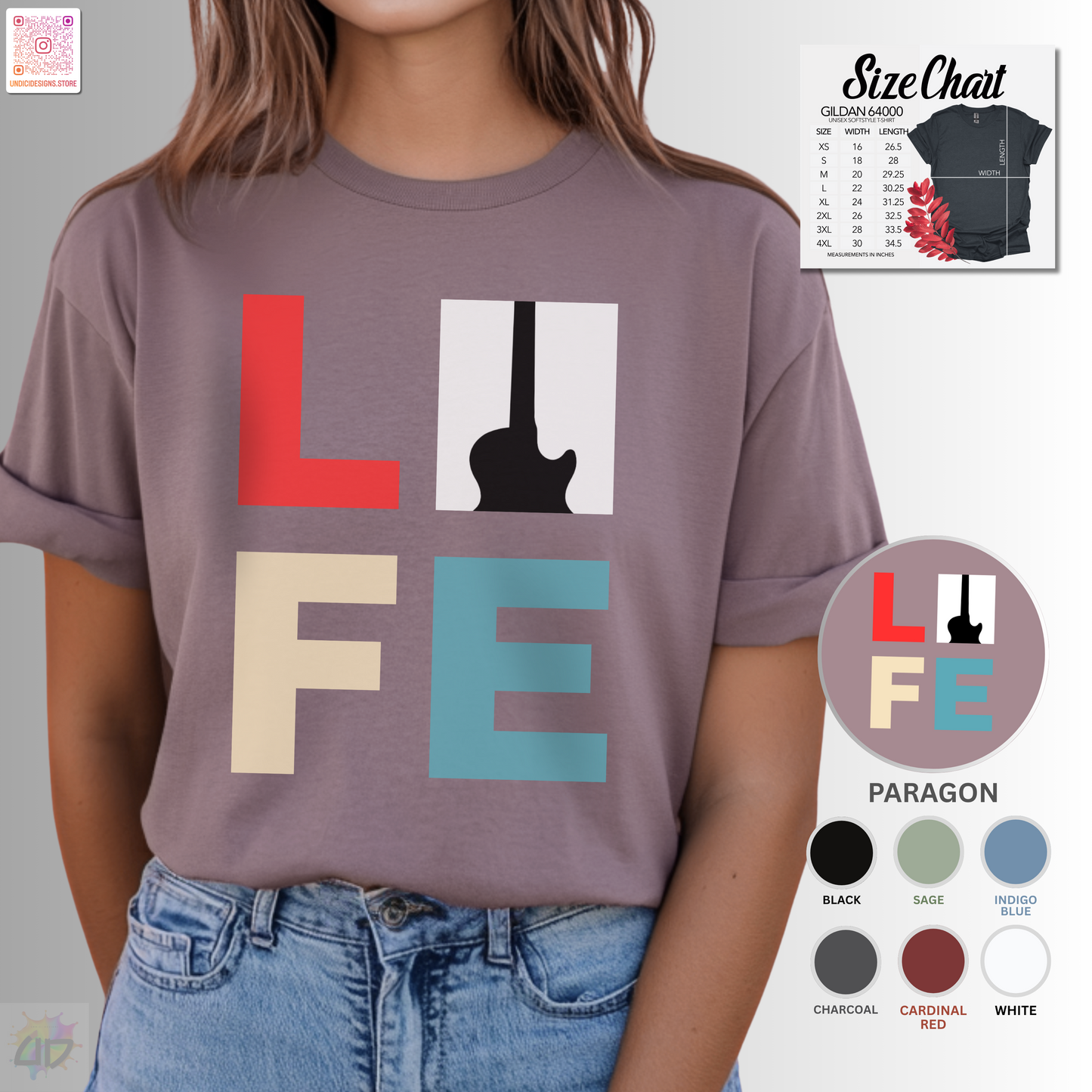 "LIFE" in color with guitar graphic tee.