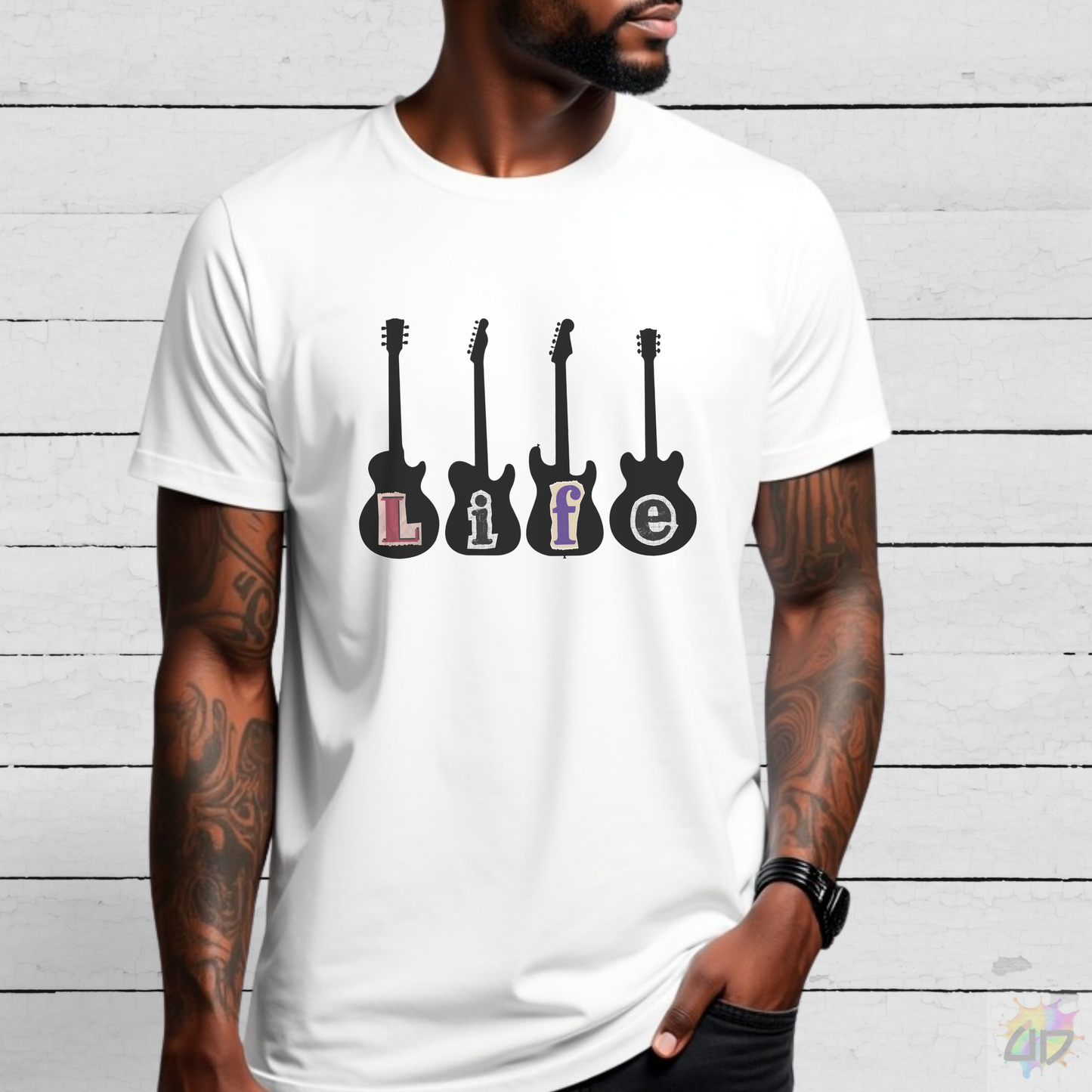 "Life" in Four Guitar Silhouettes Graphic Tee.