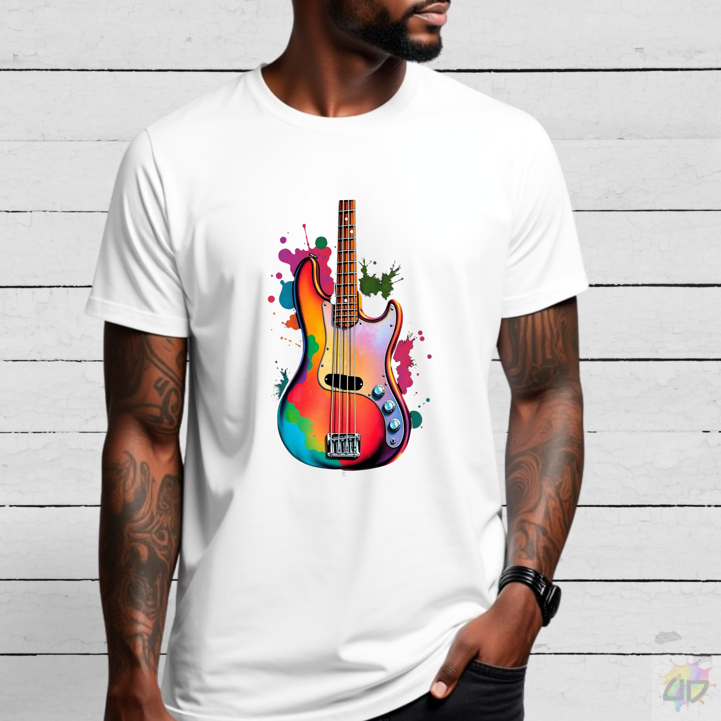 Colorful Jazz Bass Body Splash Graphic Tee.