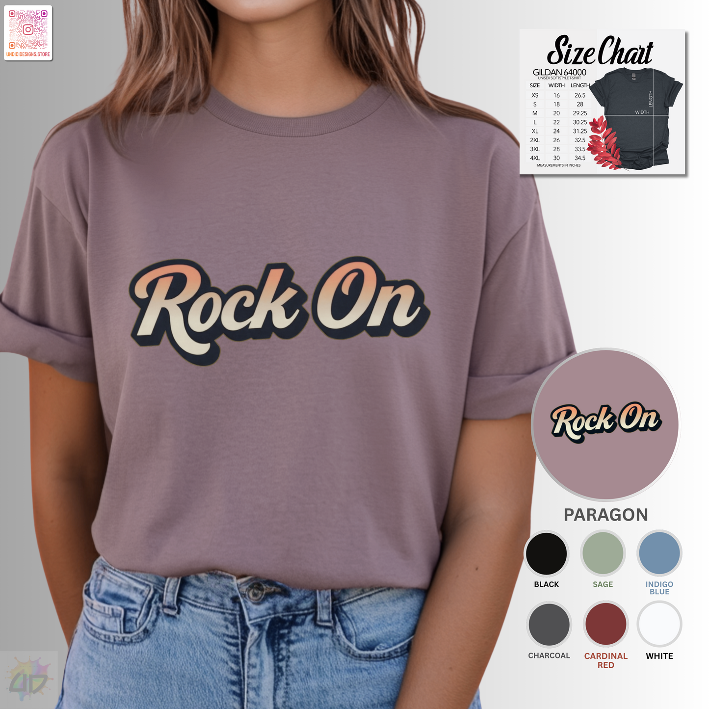 "Rock On" in vintage type graphic tee.
