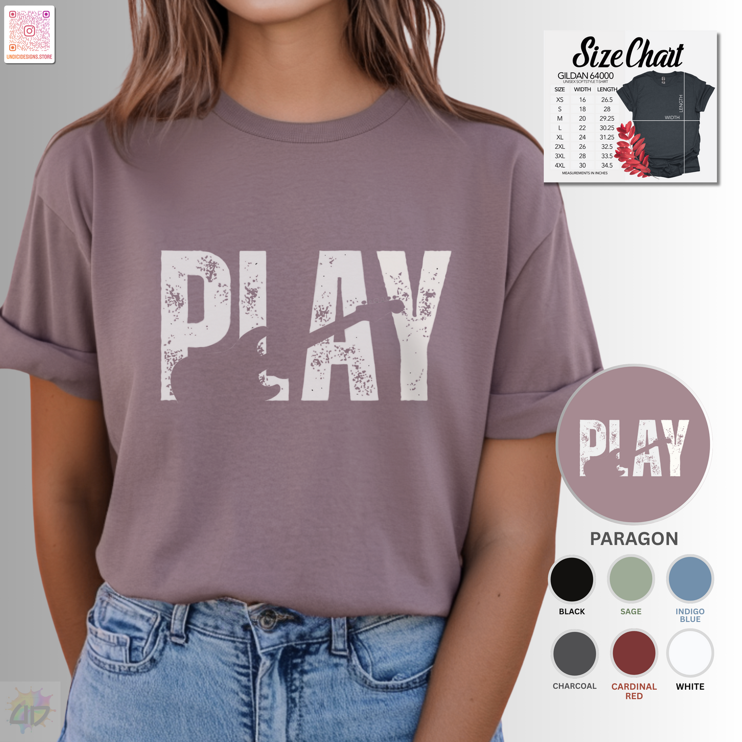 "Play" grunge graphic with guitar silhouette graphic tee.