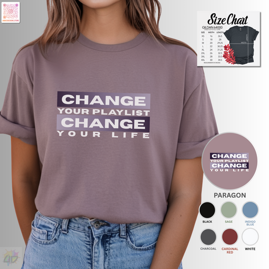 "Change your playlist, change your life" in gradient color graphic.