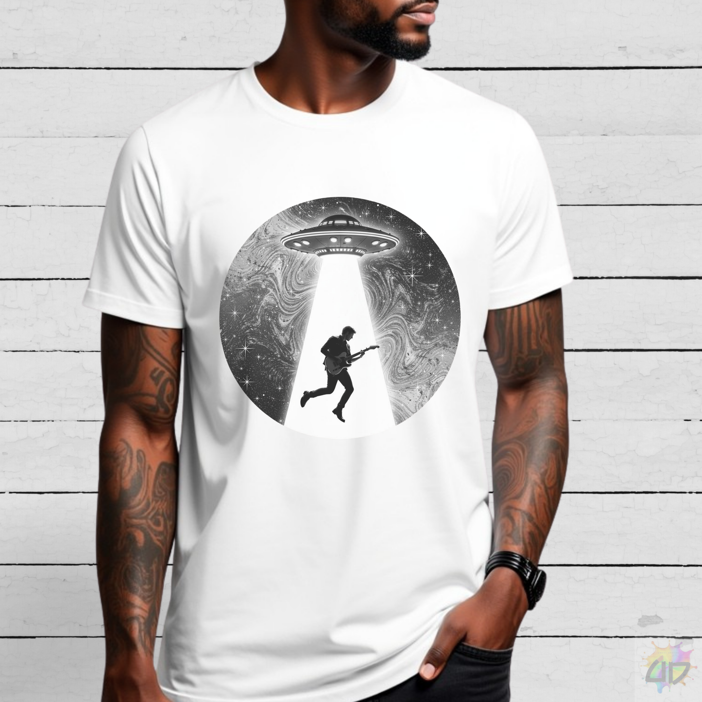 Guitarist Being Abducted in Black and White Graphic Tee.