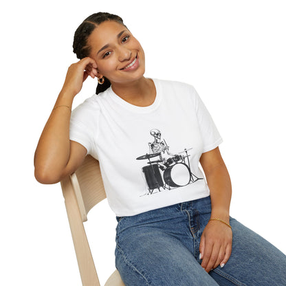 Skeleton silhouette playing drums in a circular background graphic.