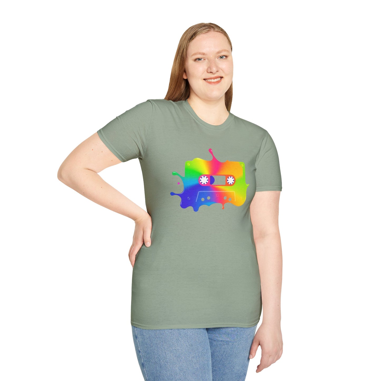 Colorful cassette tape in a splash of paint