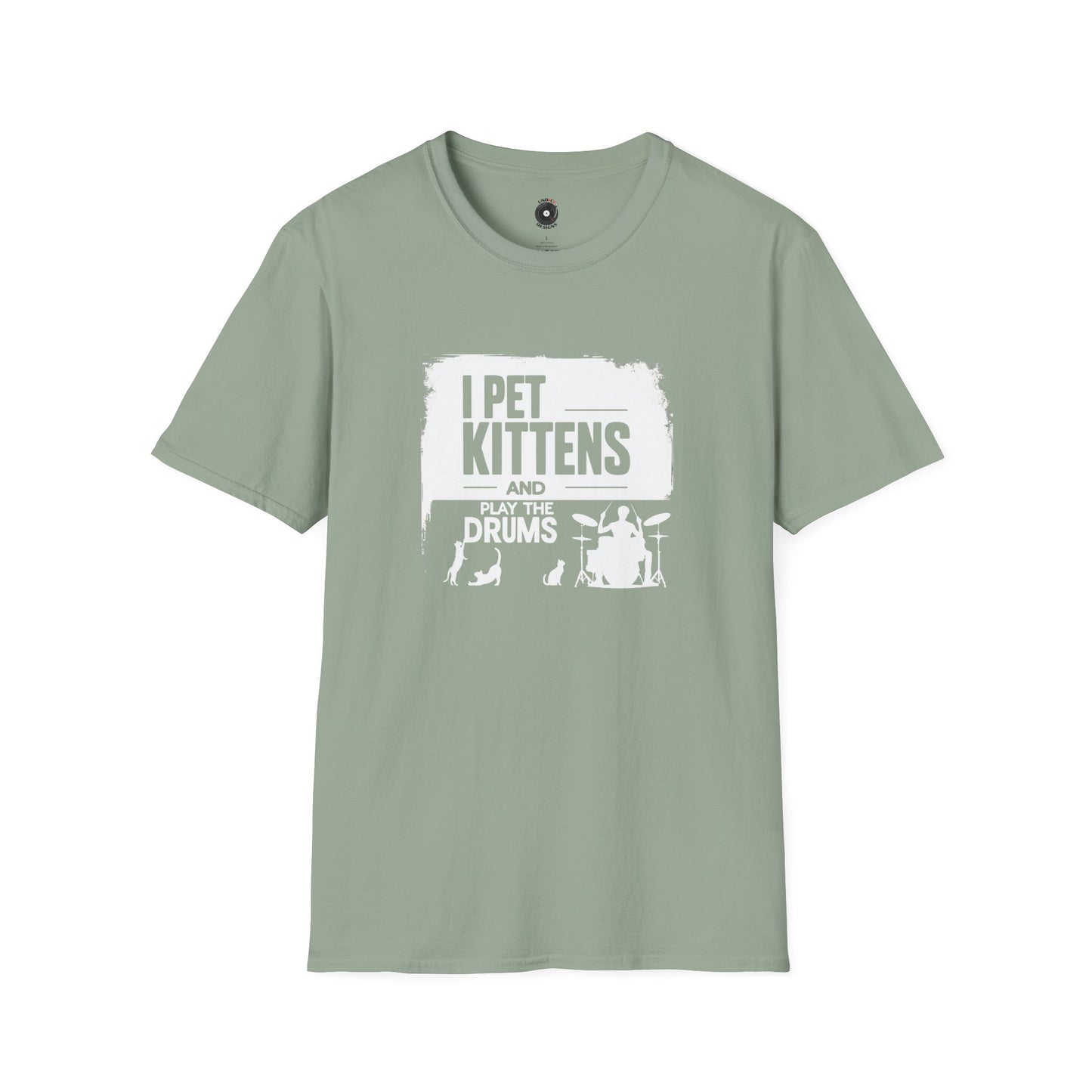 "I pet kittens and play the drums" in highlight graphic tee.