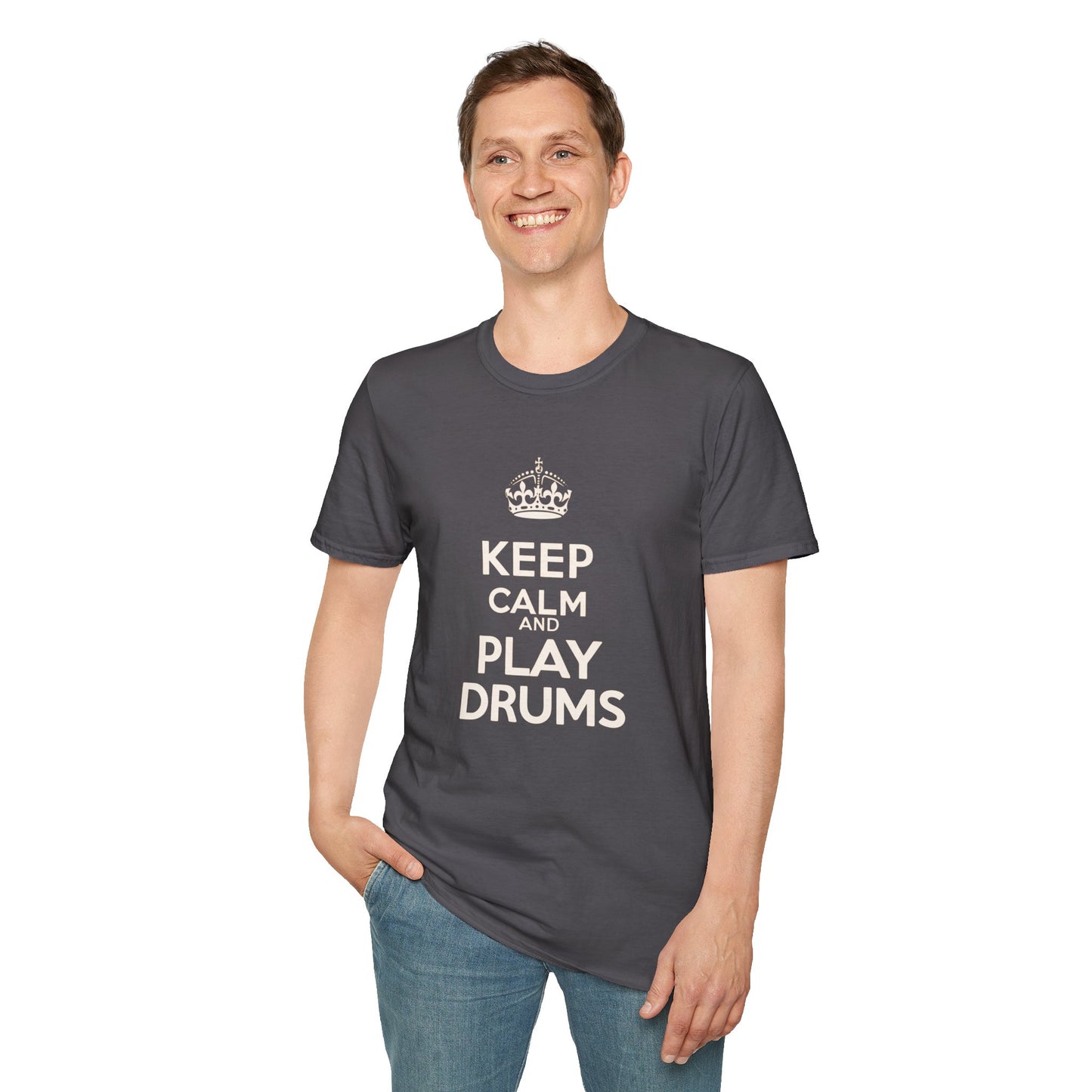"Keep calm and play drums" text graphic tee.