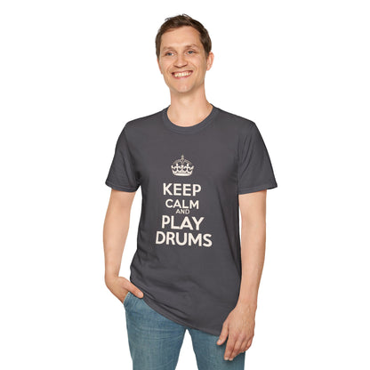 "Keep calm and play drums" text graphic tee.