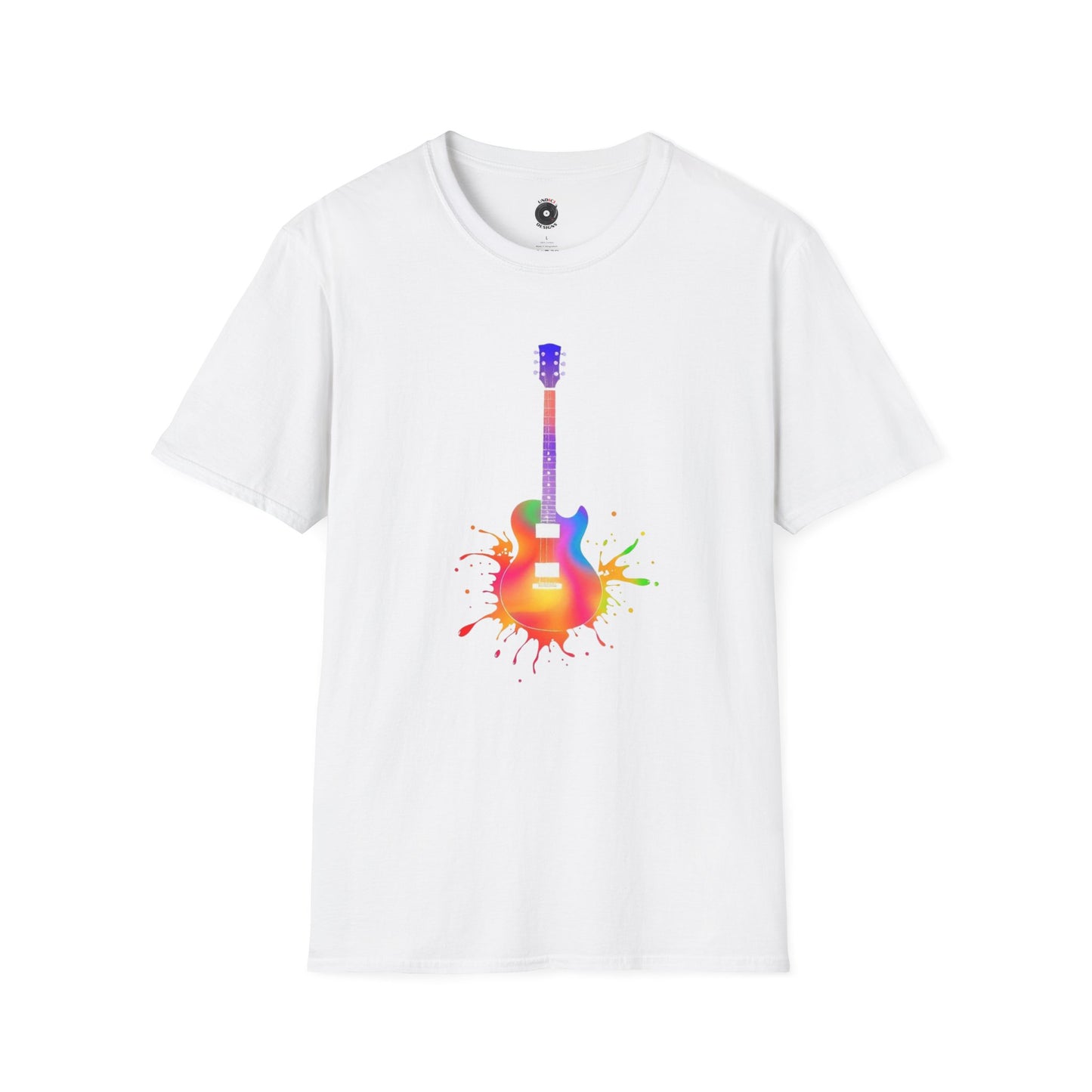 Colorful LP style electric guitar in a vibrant splash graphic.