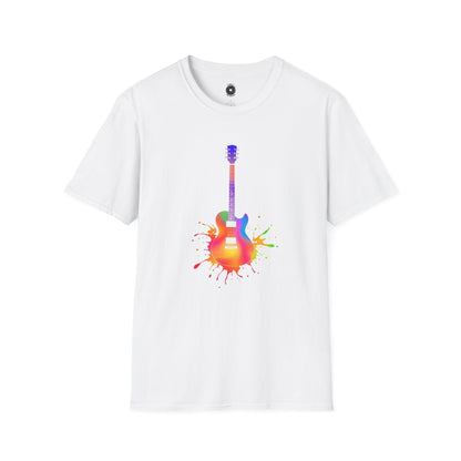 Colorful LP style electric guitar in a vibrant splash graphic.