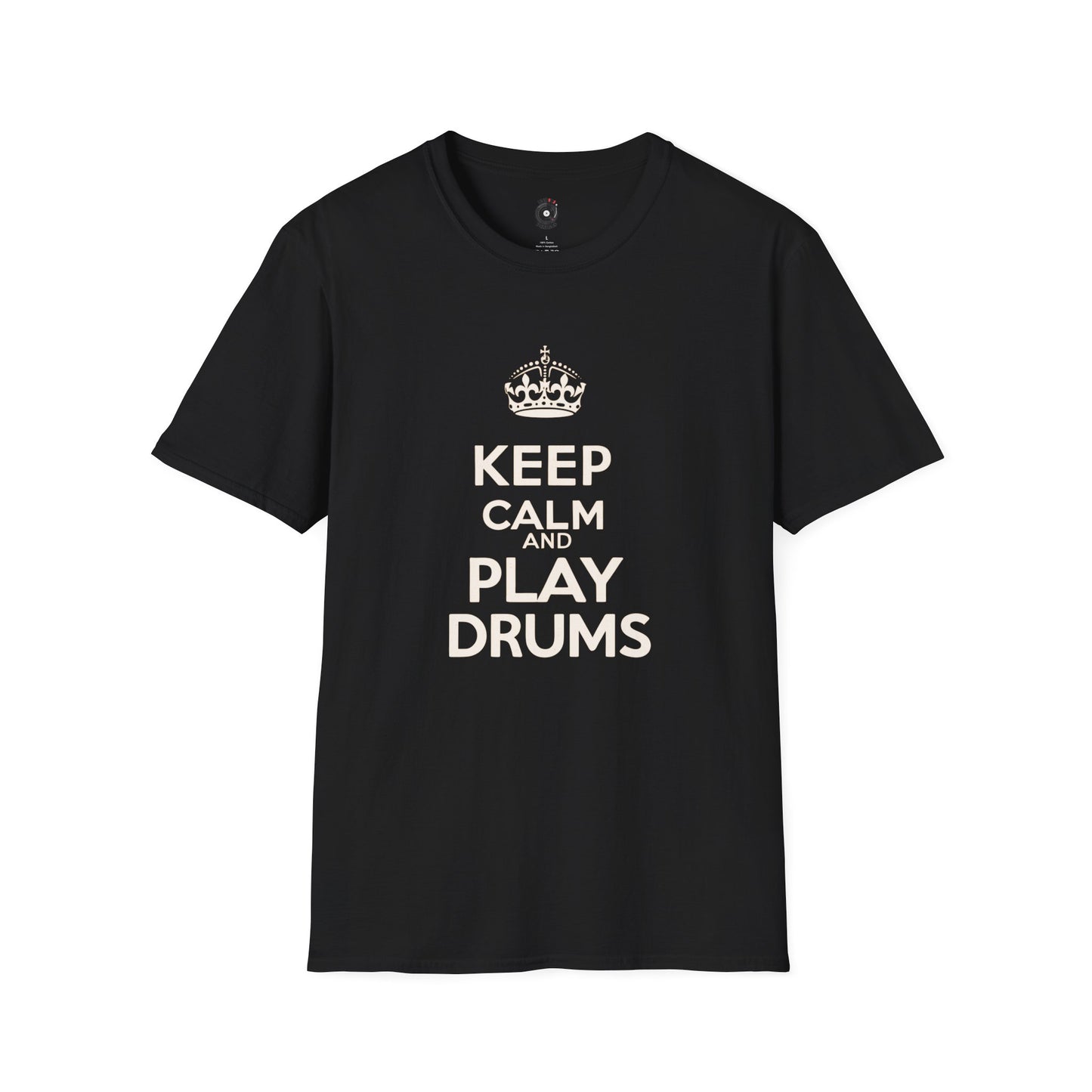 "Keep calm and play drums" text graphic tee.