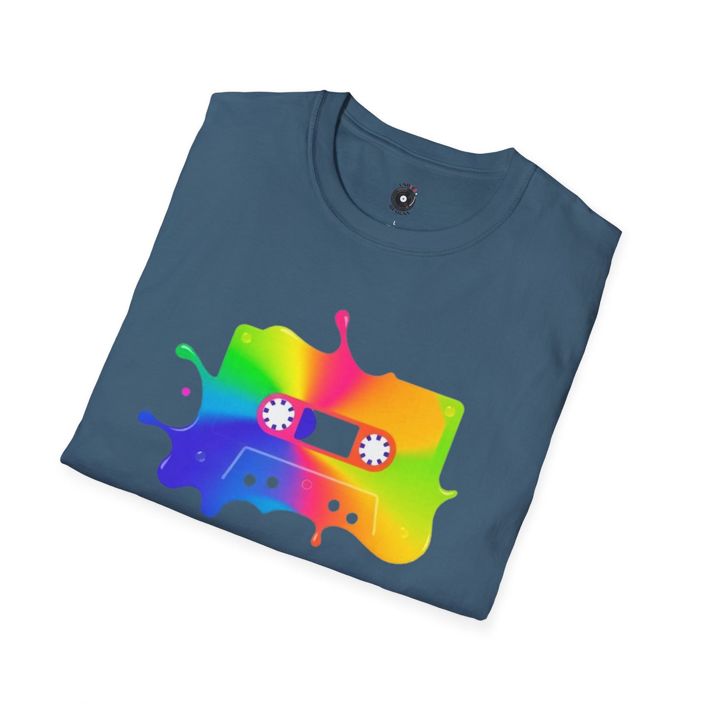 Colorful cassette tape in a splash of paint