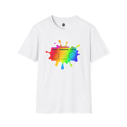 Colorful boombox in an artistic splash of paint graphic