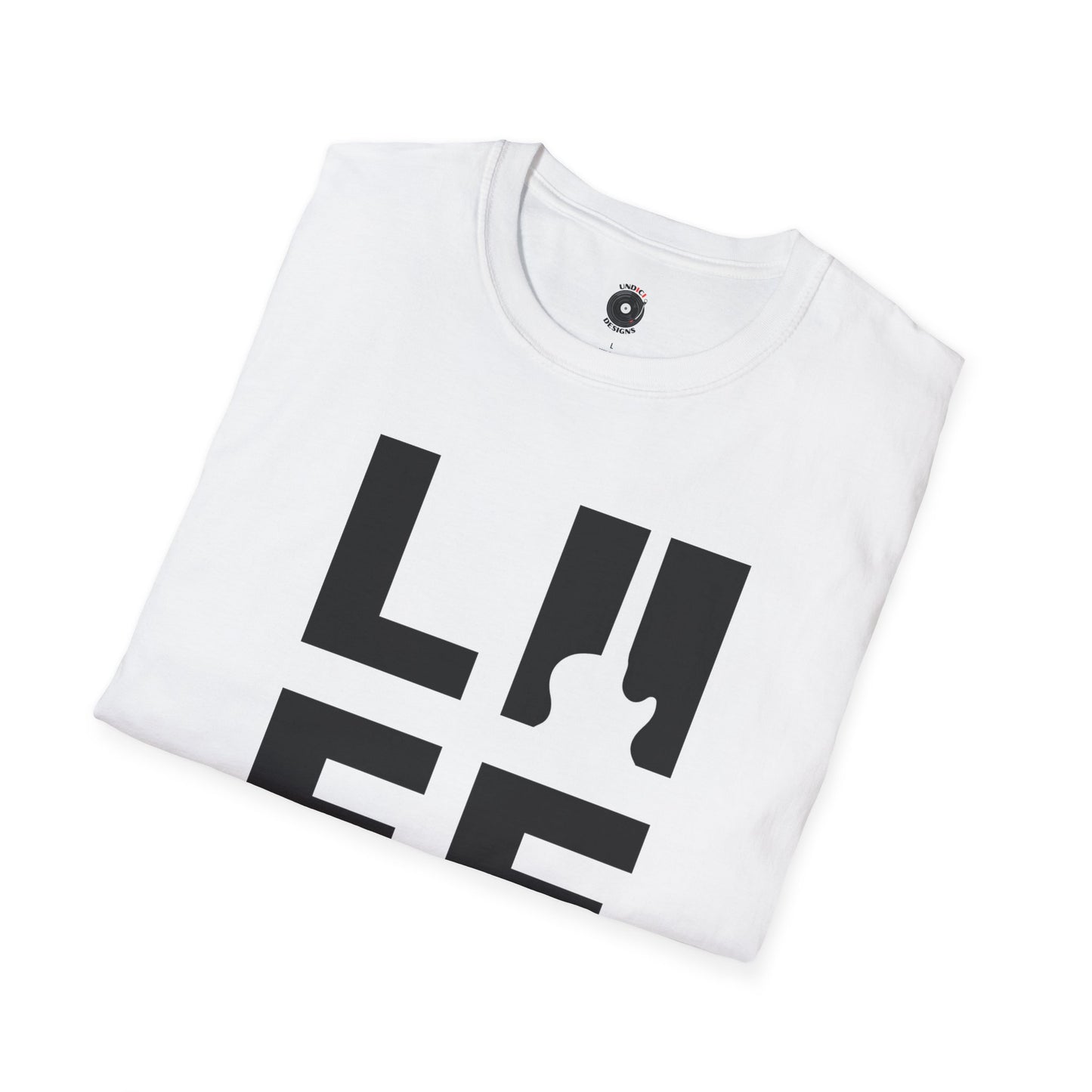 "LIFE" in a black and white box graphic with guitar.