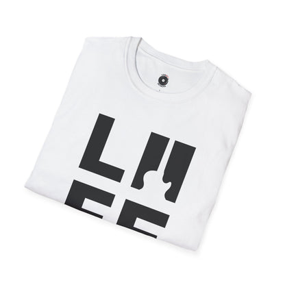 "LIFE" in a black and white box graphic with guitar.