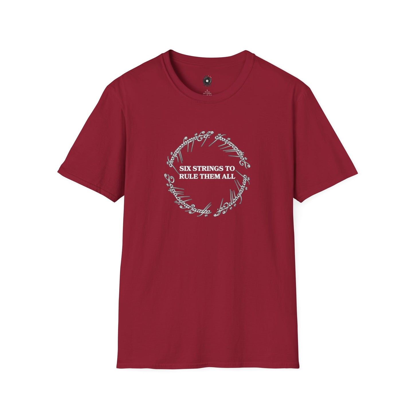 "Six Strings To Rule Them All" in Circular Graphic Tee.