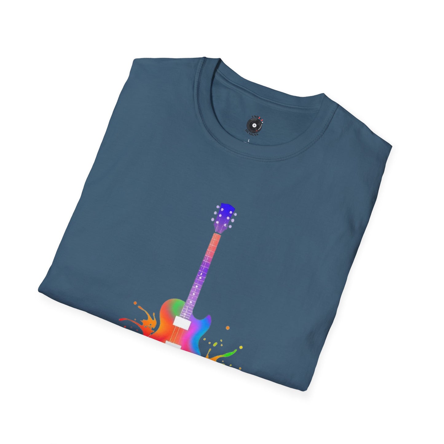 Colorful LP style electric guitar in a vibrant splash graphic.