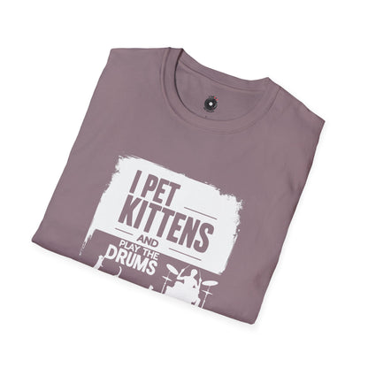 "I pet kittens and play the drums" in highlight graphic tee.