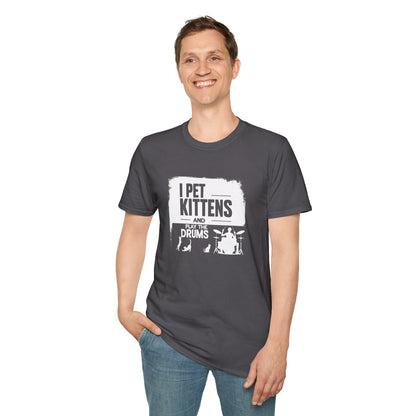 "I pet kittens and play the drums" in highlight graphic tee.