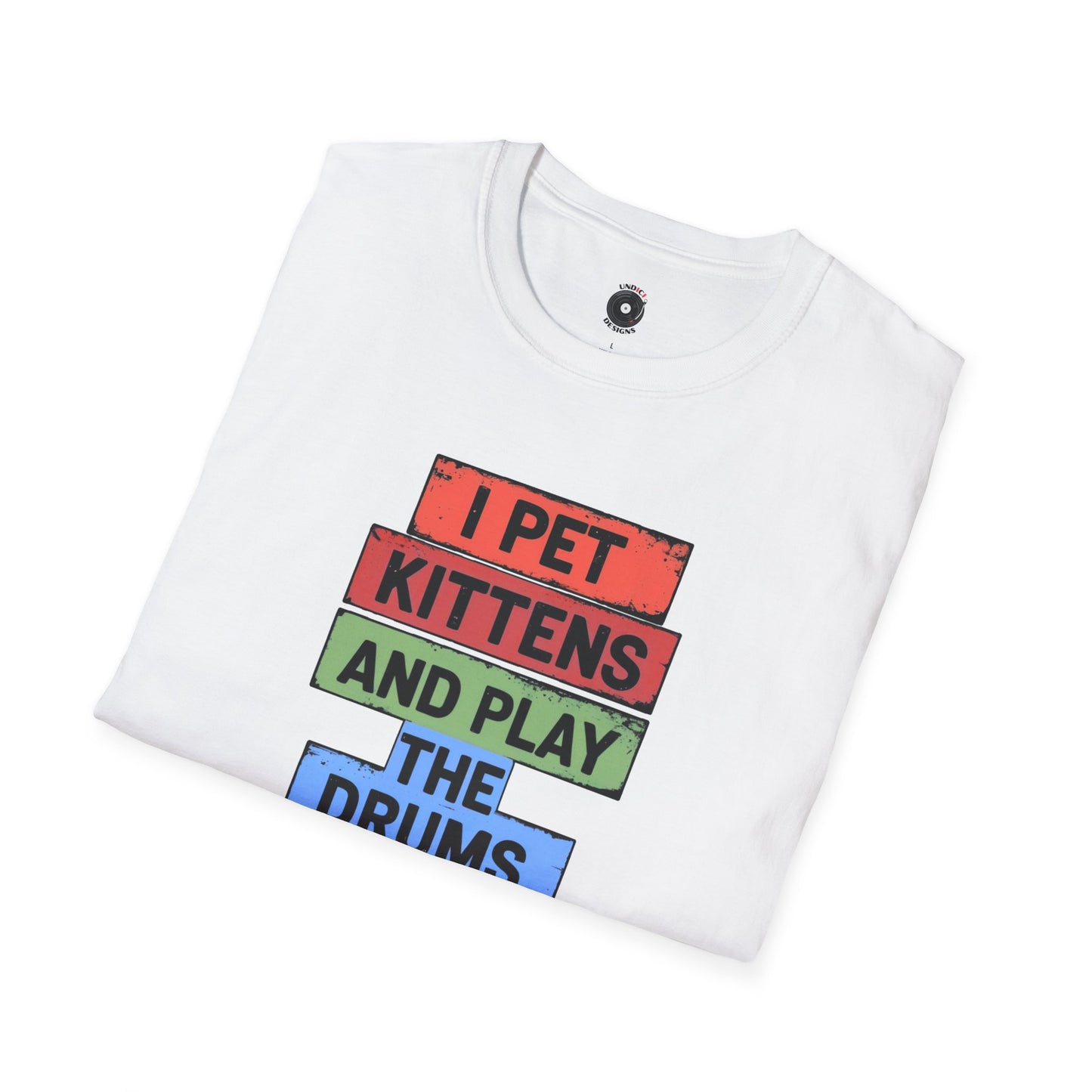 "I pet kittens and play the drums" in colorful highlights