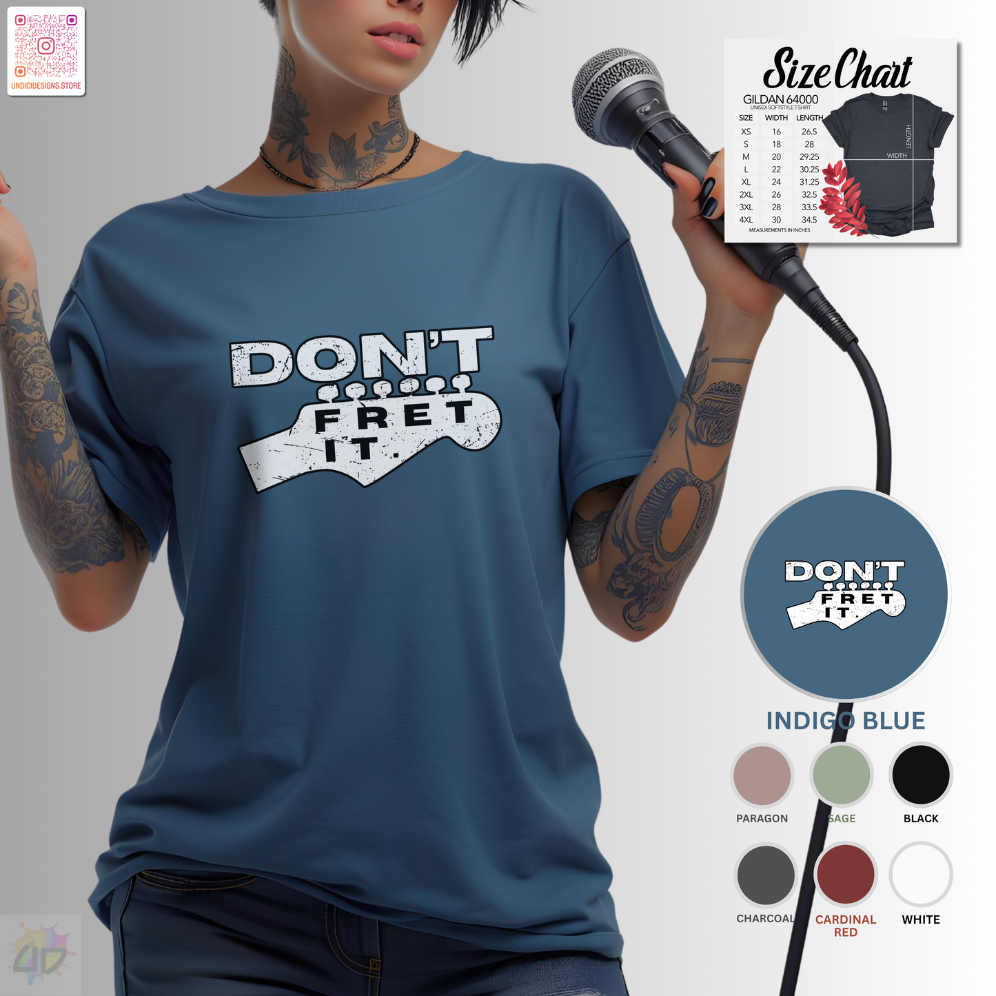"Don't fret it" guitar headstock graphic tee.