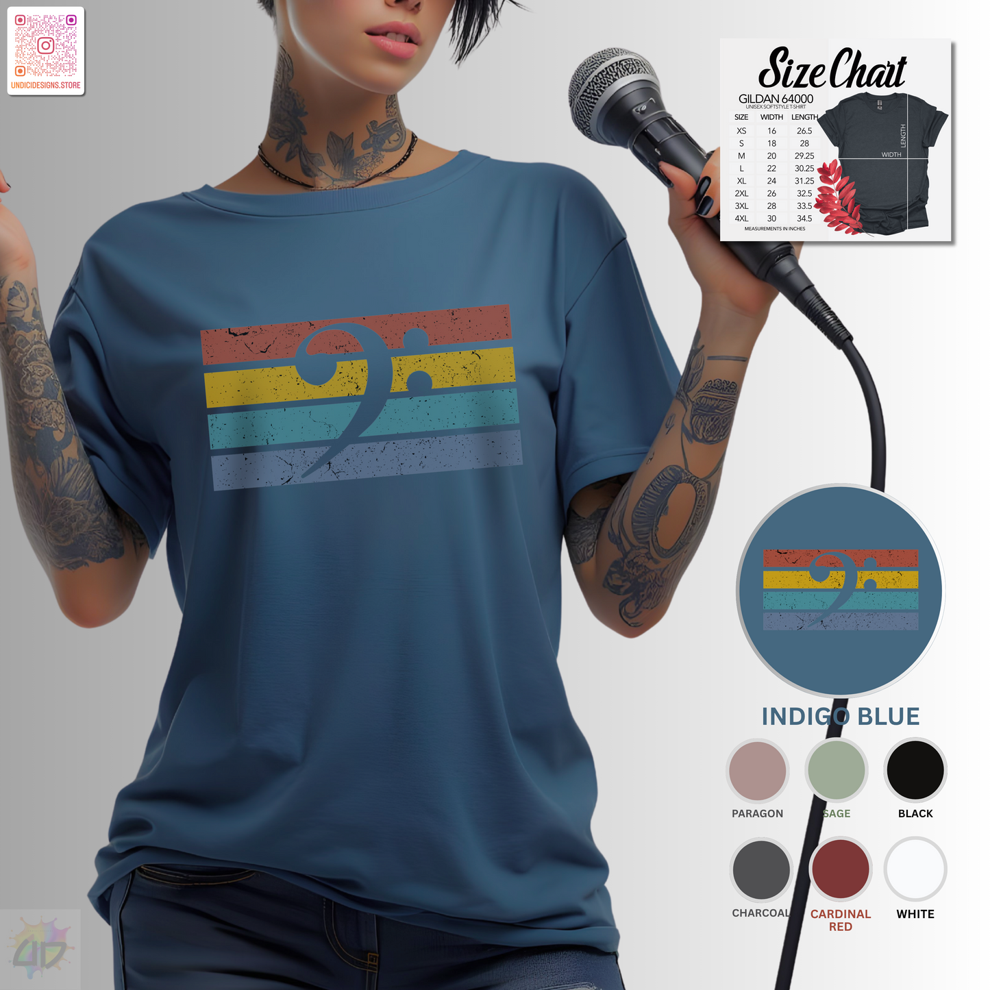 Bass clef on retro sunset graphic tee.