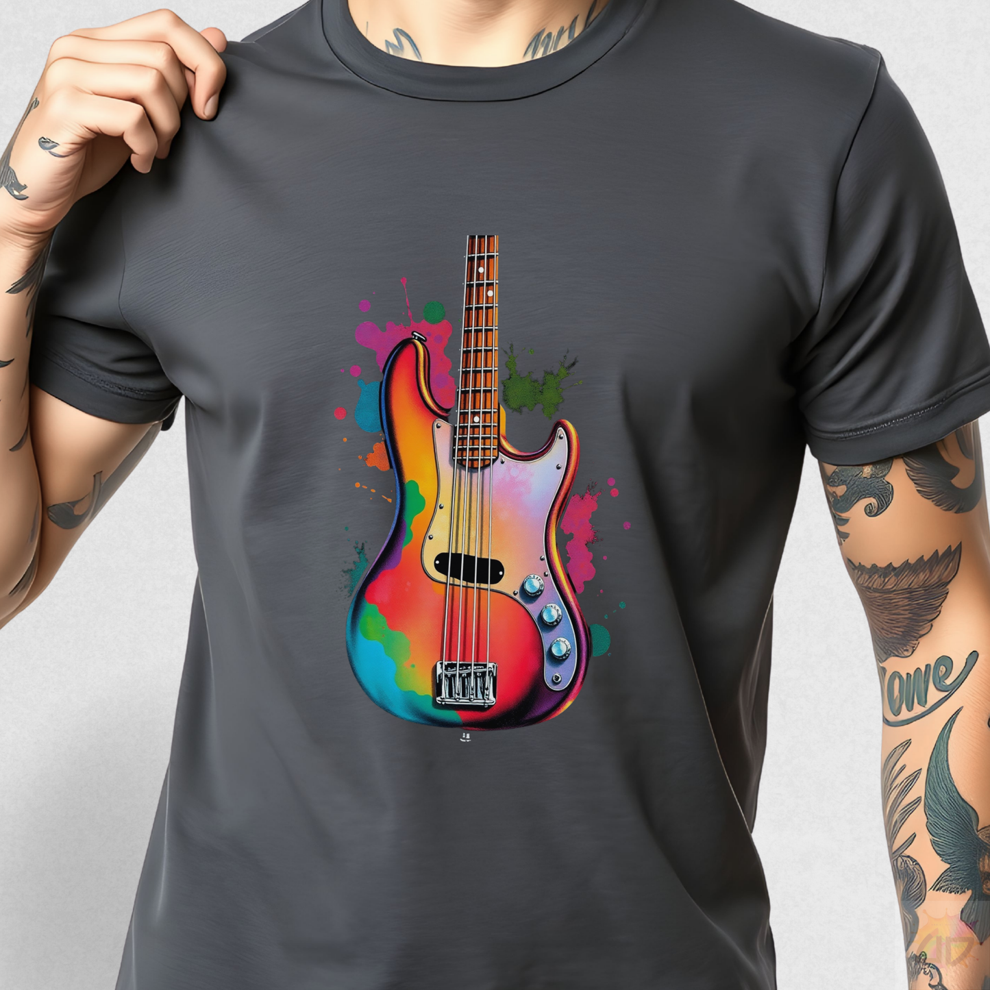 Colorful Jazz Bass Body Splash Graphic Tee.