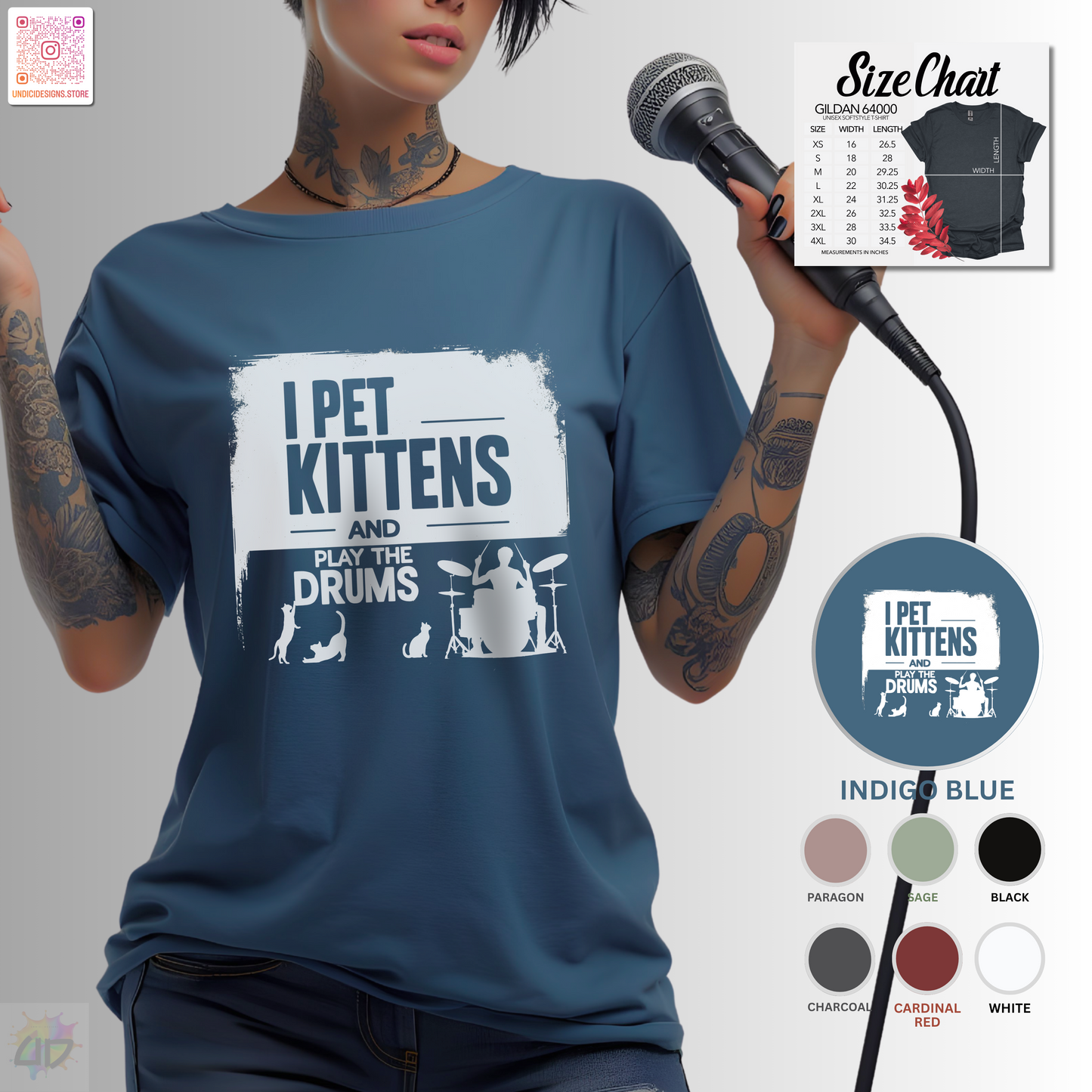"I pet kittens and play the drums" in highlight graphic tee.