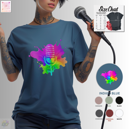 Colorful microphone in a vibrant splash graphic tee.