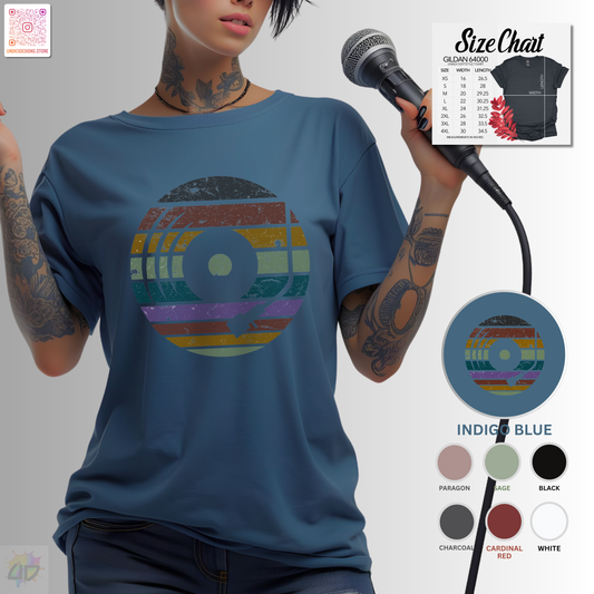 Vinyl record graphic in retro sunset tee.