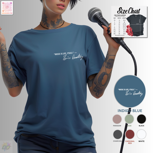 "Music is life itself" Louis Armstrong quote pocket graphic tee.