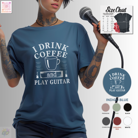 "I drink coffee and play guitar" graphic with coffee cup tee.