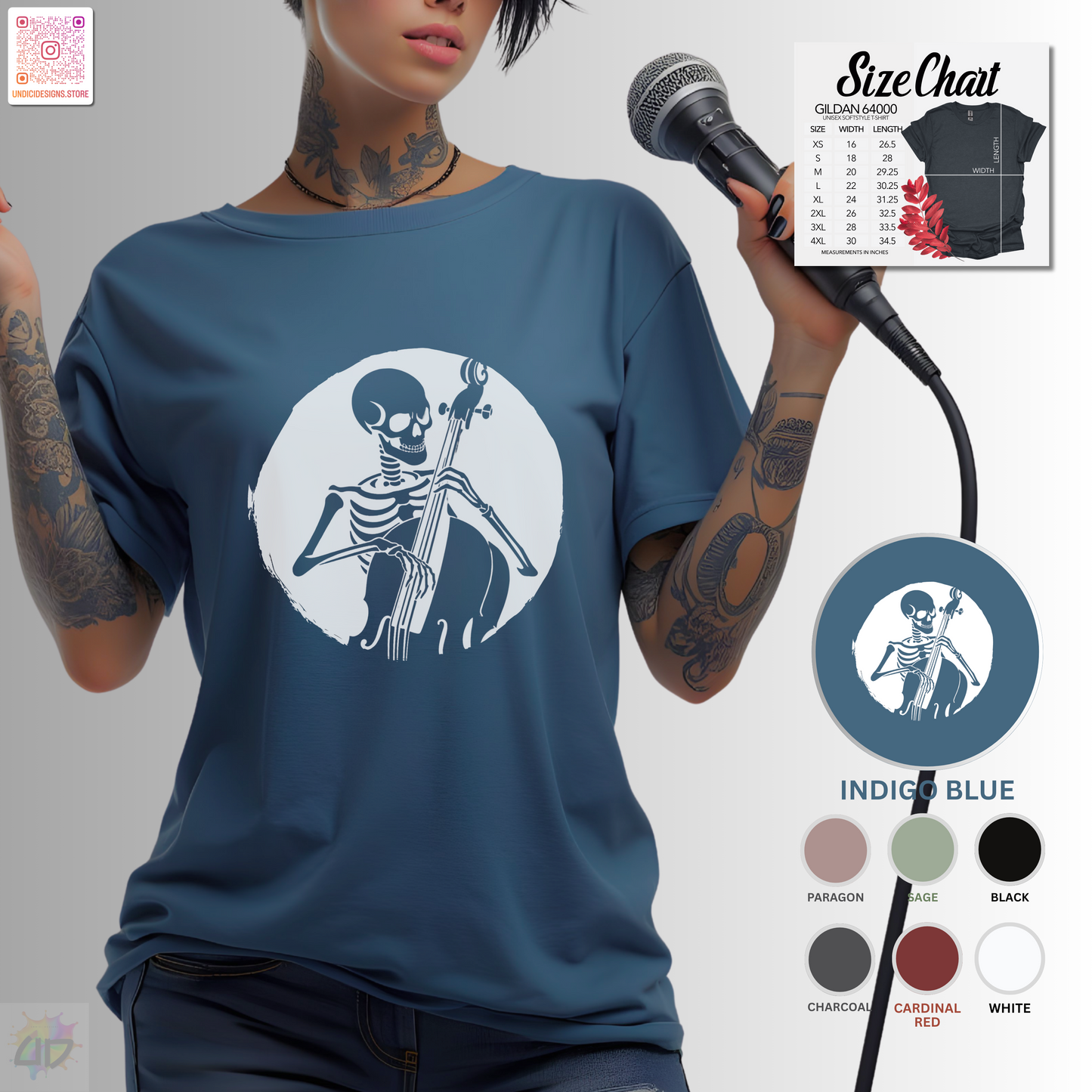 Skeleton silhouette playing upright bass in a circular background graphic tee.