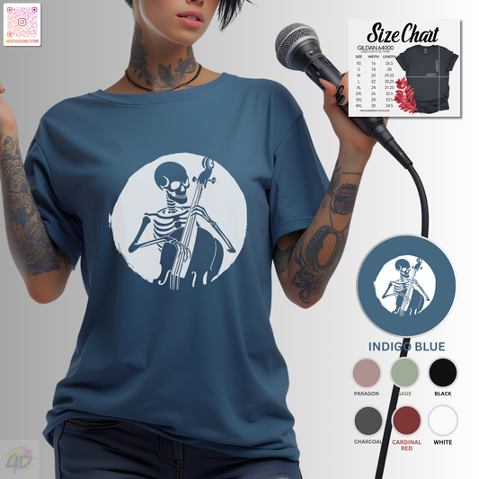 Skeleton silhouette playing upright bass in a circular background graphic tee.