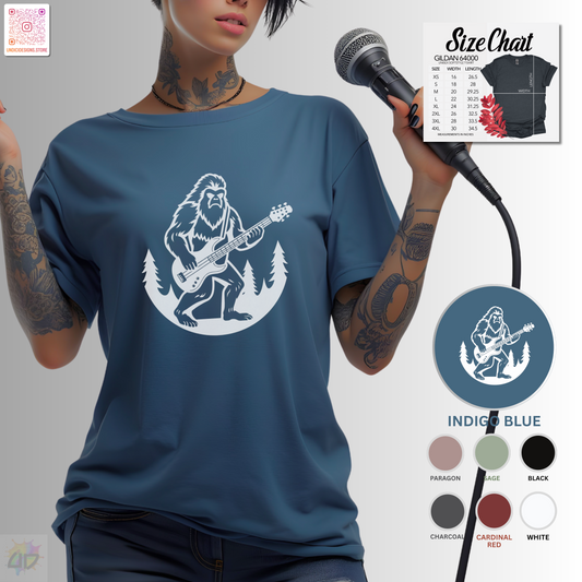 Yeti playing a guitar in a circular silhouette graphic tee.