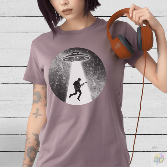 Guitarist Being Abducted in Black and White Graphic Tee.
