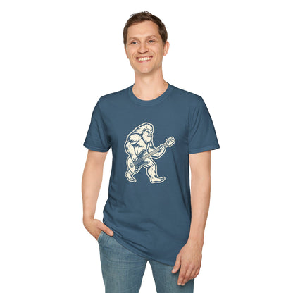 Yeti silhouette with Bass guitar in a cream-colored graphic.