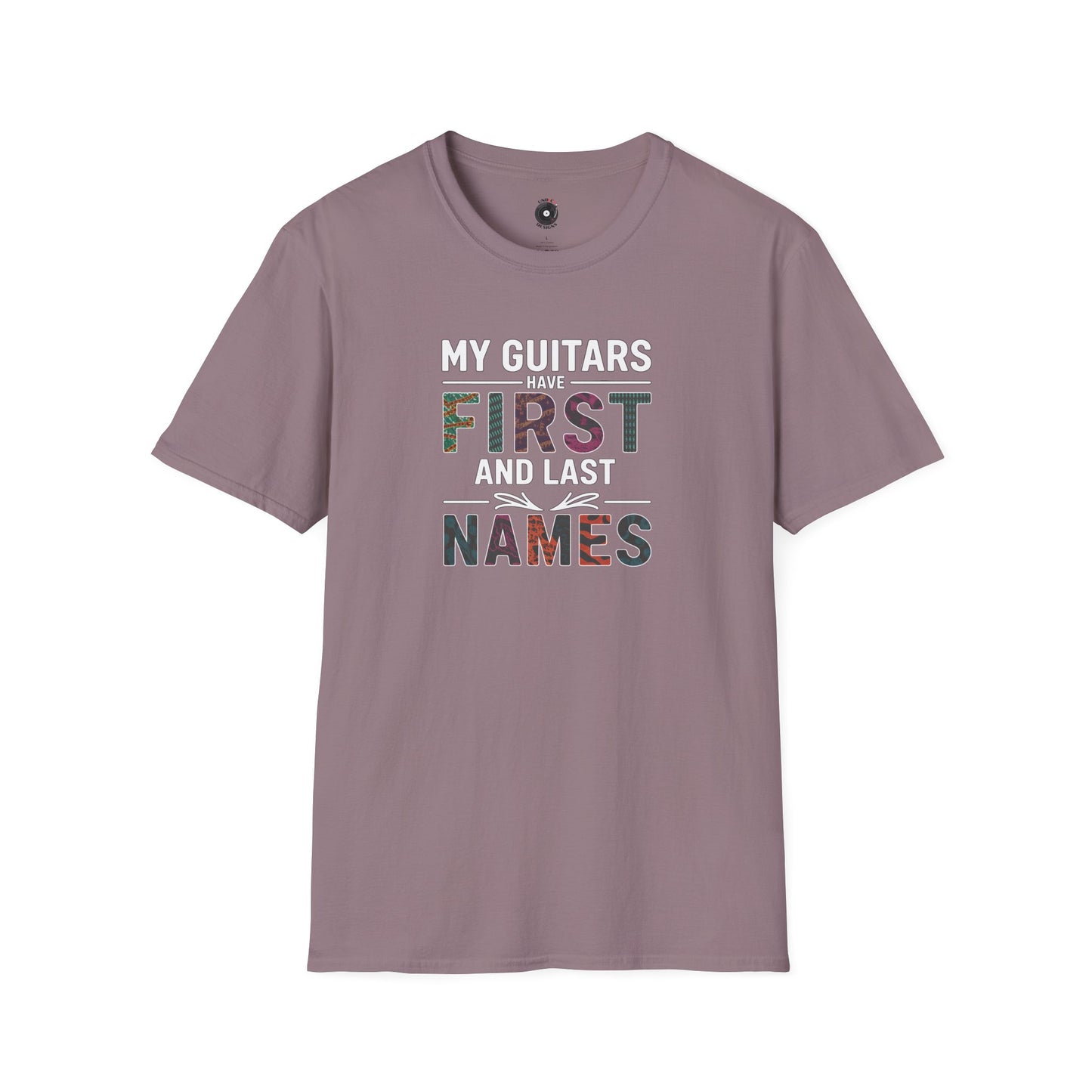 "My guitars have first and last names" colorful text graphic.