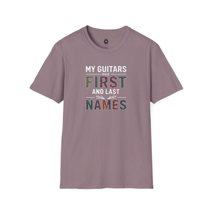 "My guitars have first and last names" colorful text graphic.