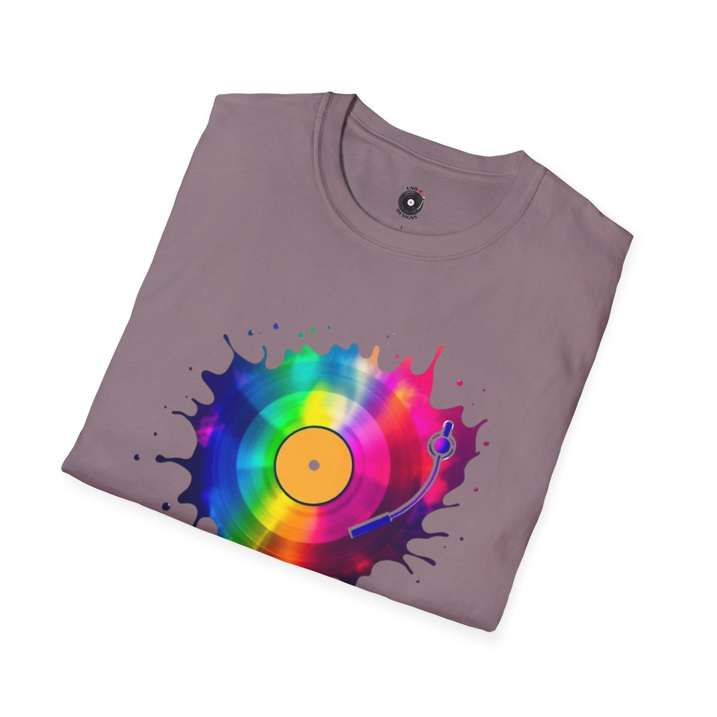 Colorful vinyl record in a multi-colored splash graphic.